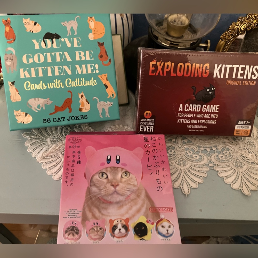 Cat lovers set: Exploding Kittens Card Game, cat jokes, and kitty cat hat